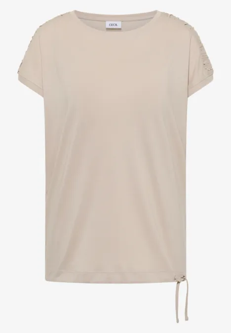 Beiges Damenshirt mit Rundhals, kurzen Ärmeln und seitlichem Kordelzug am Saum.